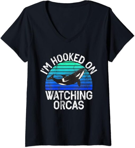 Womens I"m Hooked On Watching Orcas Whales Watch Dolphin Pottwhal V-Neck T-Shirt