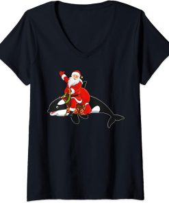 Womens Orca Lover Xmas Santa Riding Orca Christmas V-Neck T-Shirt