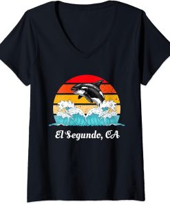 Womens Vintage El Segundo CA Distressed Orca Killer Whale Art V-Neck T-Shirt