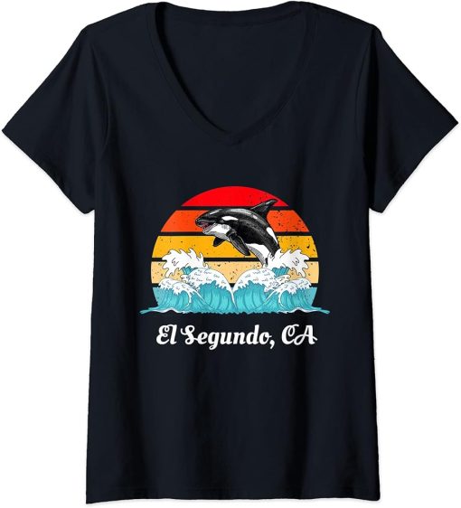 Womens Vintage El Segundo CA Distressed Orca Killer Whale Art V-Neck T-Shirt