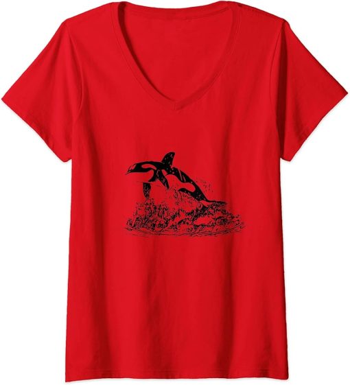 Womens Orca Motif Whale Ocean Predator Design Orcas V-Neck T-Shirt