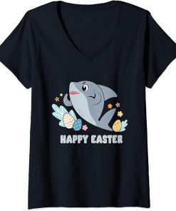 Womens Cute Happy Easter Day Egg Hunt Boys Girls Kids Orca Shark V-Neck T-Shirt