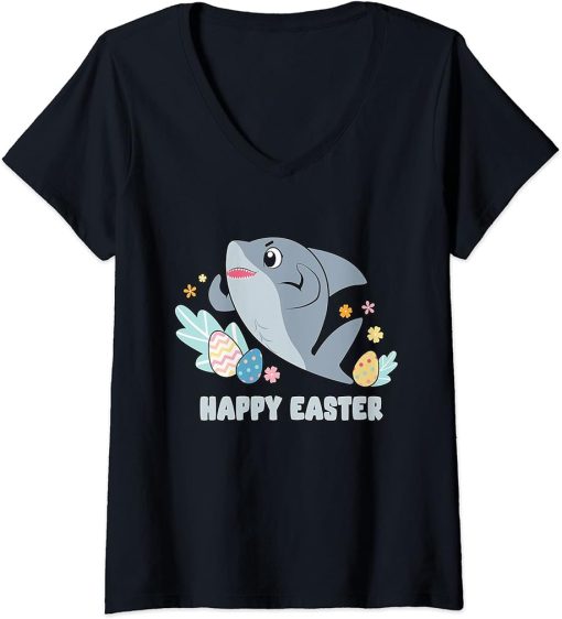 Womens Cute Happy Easter Day Egg Hunt Boys Girls Kids Orca Shark V-Neck T-Shirt