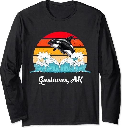 Vintage Gustavus AK Distressed Orca Killer Whale Art Long Sleeve T-Shirt