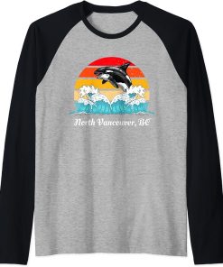 Vintage North Vancouver BC Distressed Orca Killer Whale Art Raglan Baseball Tee