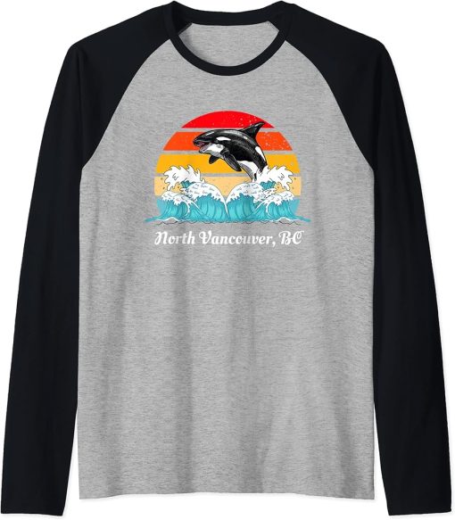 Vintage North Vancouver BC Distressed Orca Killer Whale Art Raglan Baseball Tee